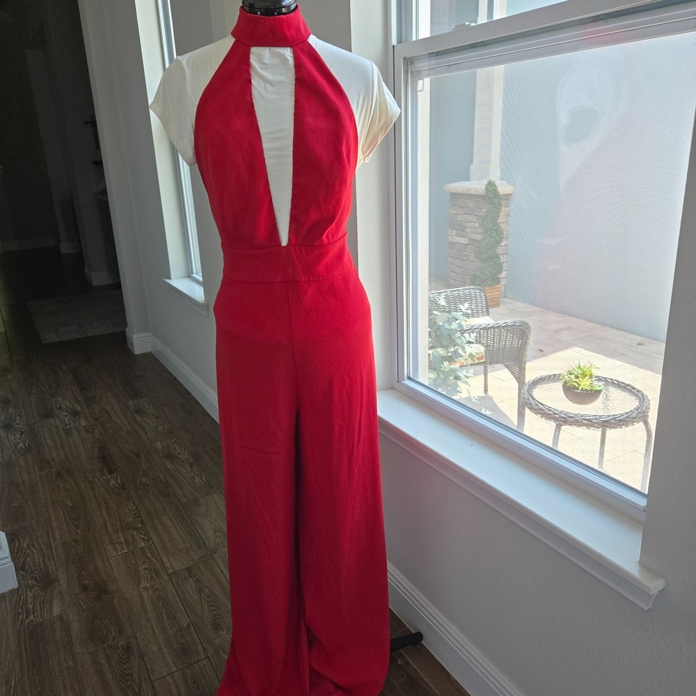 Bebe Womens Red Jumpsuit Halter Top with Choker Size 12 Zipper in Back